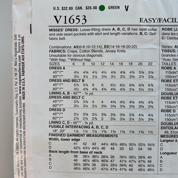 VOGUE PATTERNS V1563 Sewing Pattern size ES 14 16 18 20 and 22 Faux wrap dress - Picture 6 of 9
